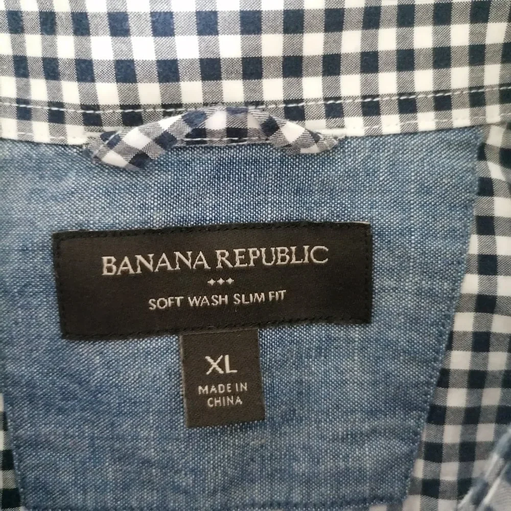 Banana Republic Mens Blue White Short Sleeve Checks Button Up Shirt Size XL